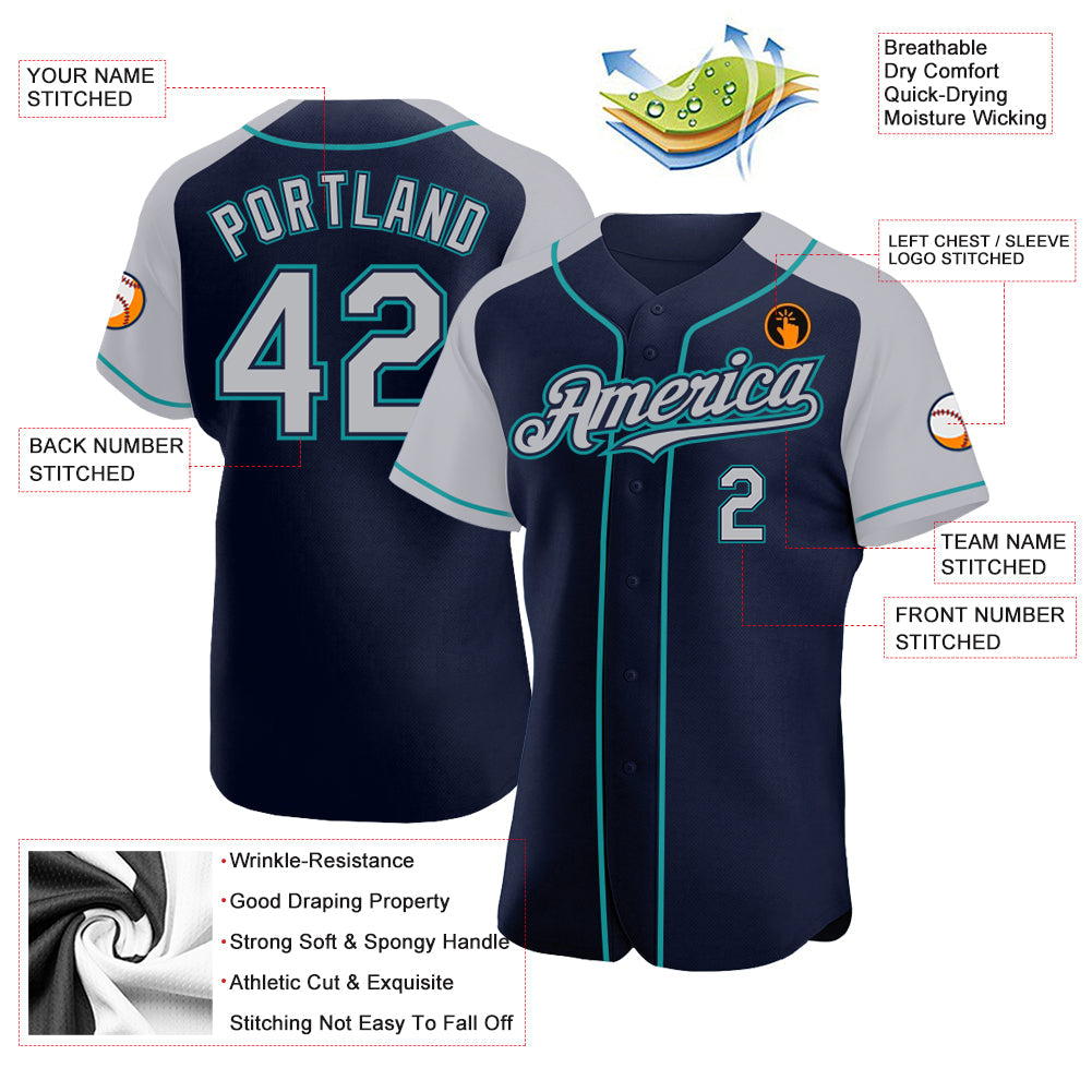 Custom Navy Gray-Teal Authentic Raglan Sleeves Baseball Jersey view 3