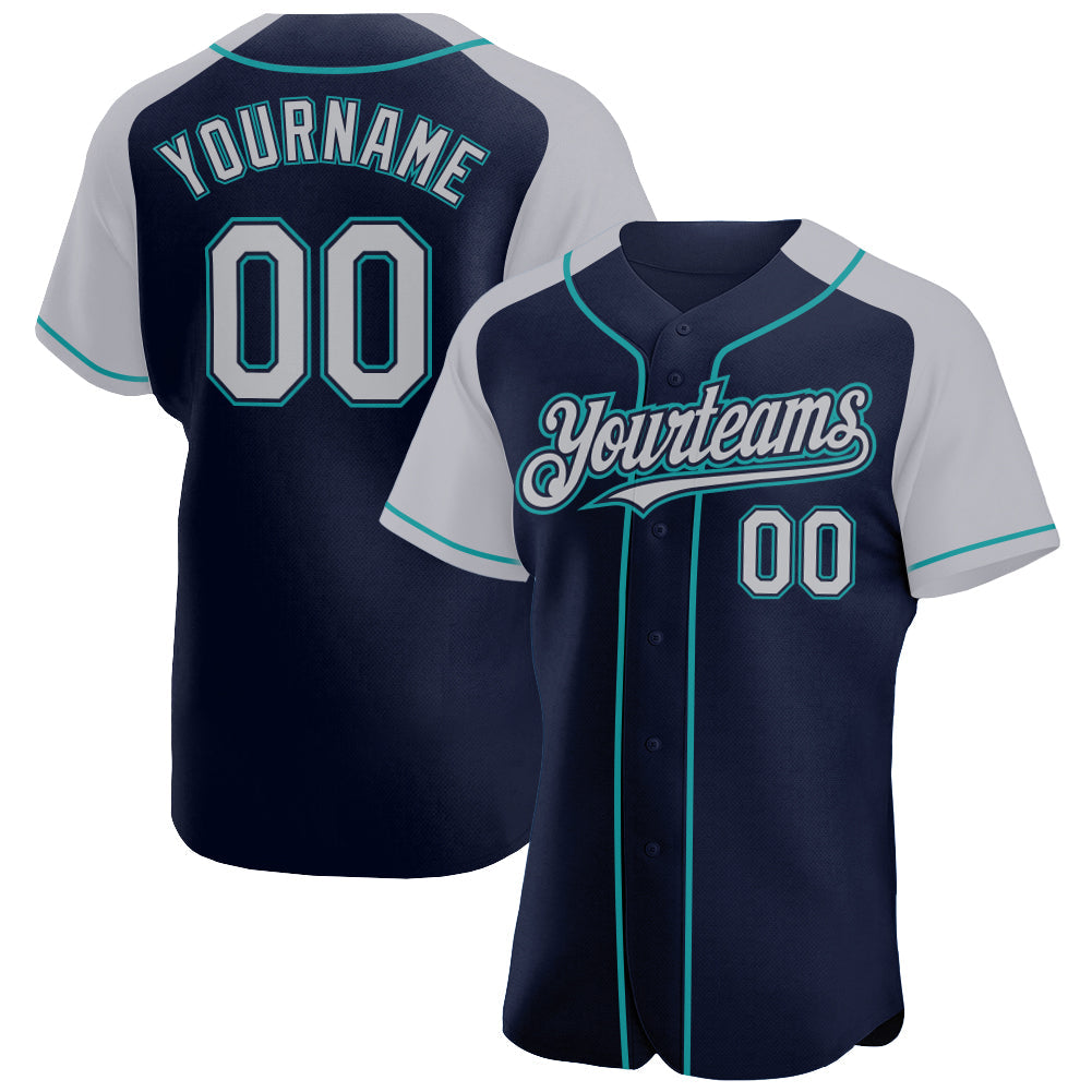 Custom Navy Gray-Teal Authentic Raglan Sleeves Baseball Jersey - Main View