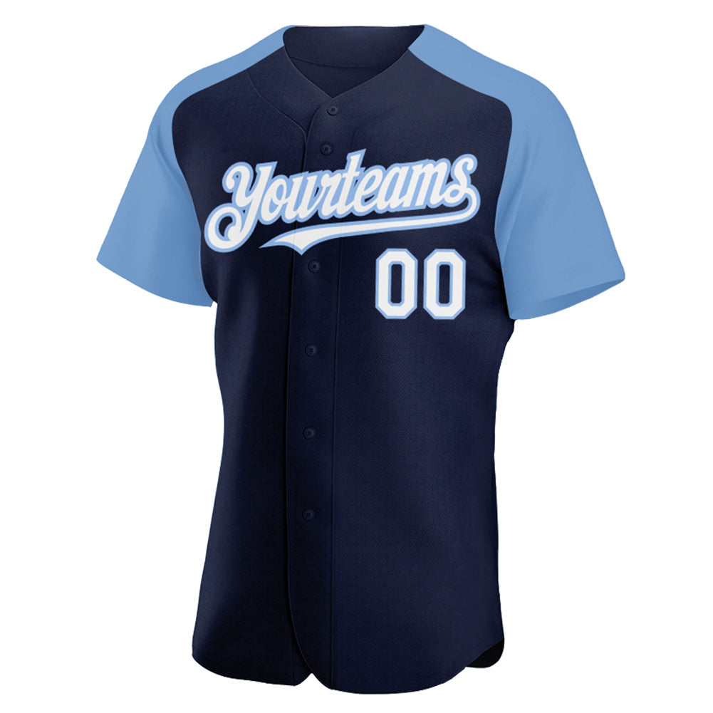 Custom Navy White-Light Blue Authentic Raglan Sleeves Baseball Jersey view 2