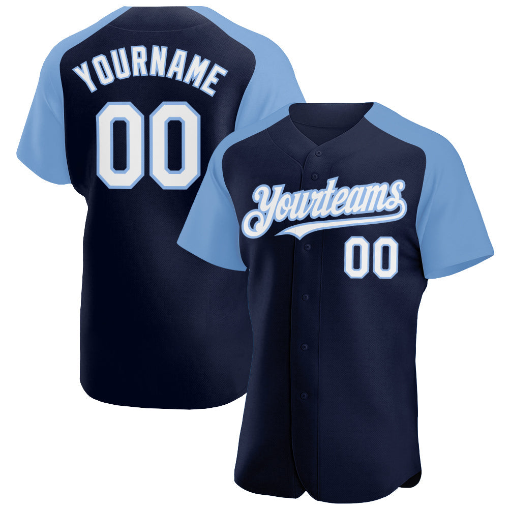 Custom Navy White-Light Blue Authentic Raglan Sleeves Baseball Jersey - Main View