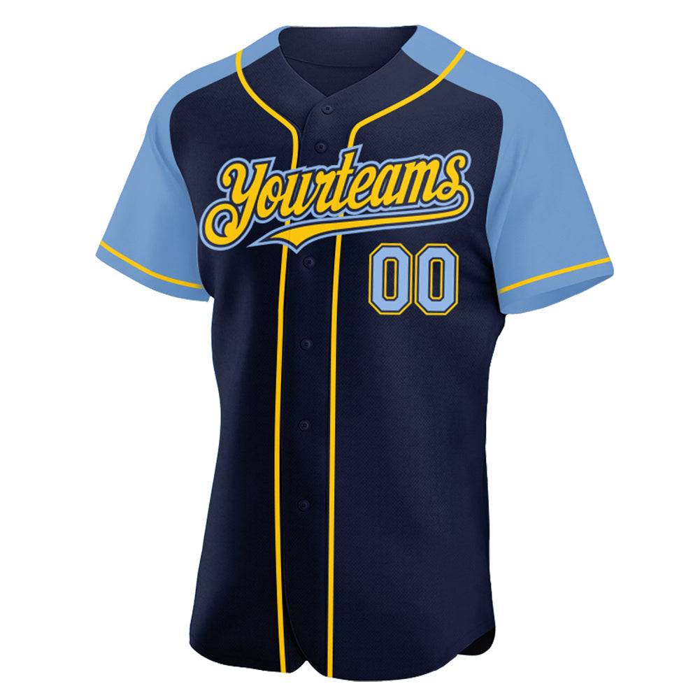 Custom Navy Light Blue-Yellow Authentic Raglan Sleeves Baseball Jersey view 2