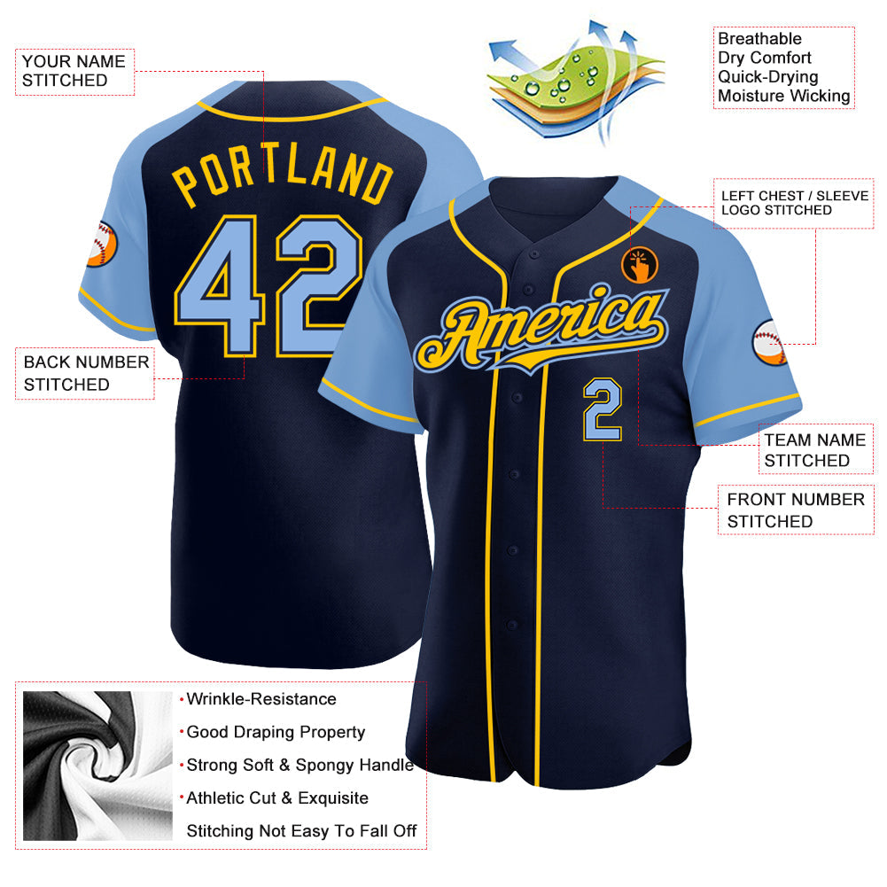 Custom Navy Light Blue-Yellow Authentic Raglan Sleeves Baseball Jersey view 3