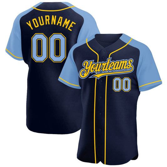 Custom Navy Light Blue-Yellow Authentic Raglan Sleeves Baseball Jersey - Main View