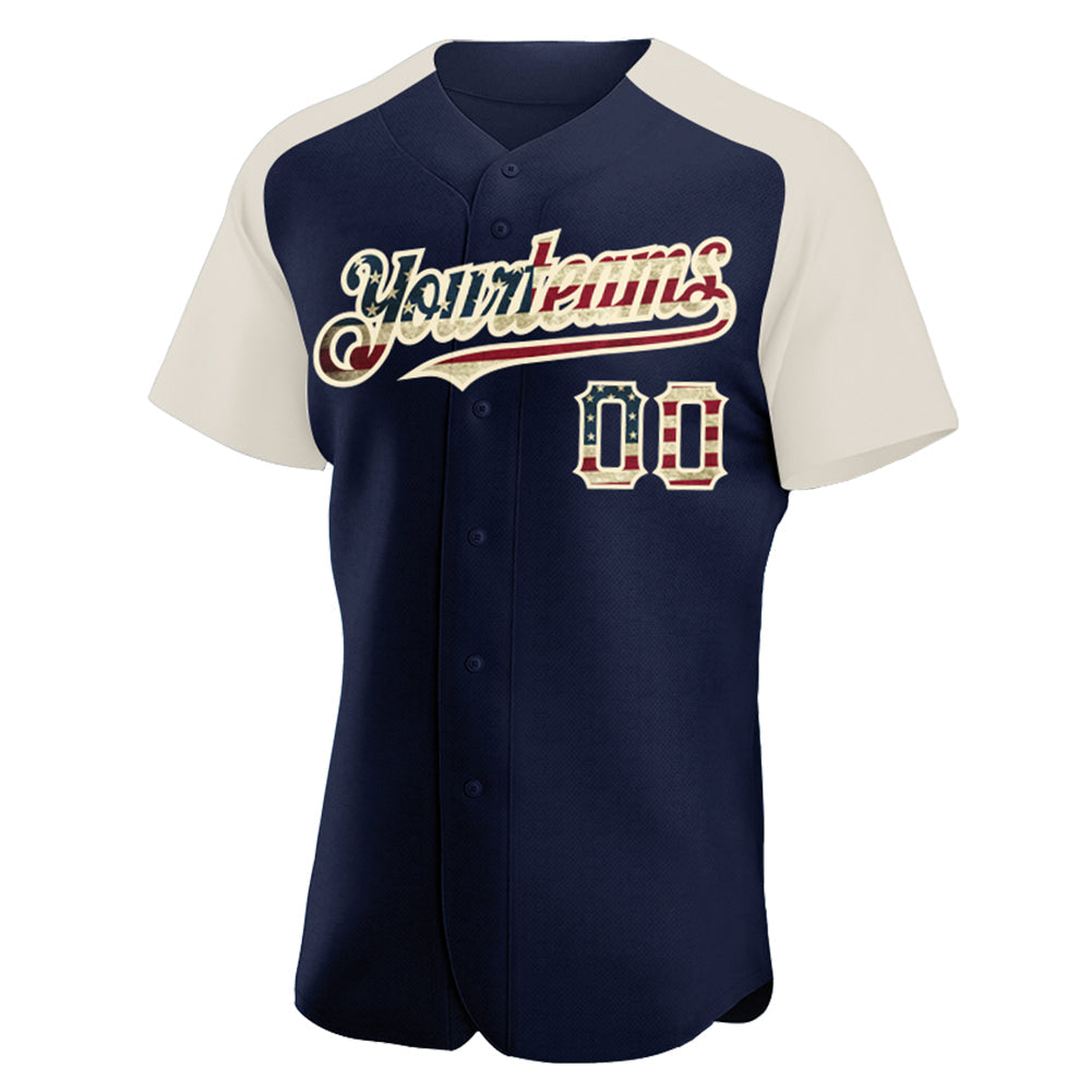 Custom Navy Vintage USA Flag-Cream Authentic Raglan Sleeves Baseball Jersey view 2