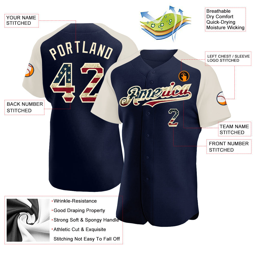 Custom Navy Vintage USA Flag-Cream Authentic Raglan Sleeves Baseball Jersey view 3