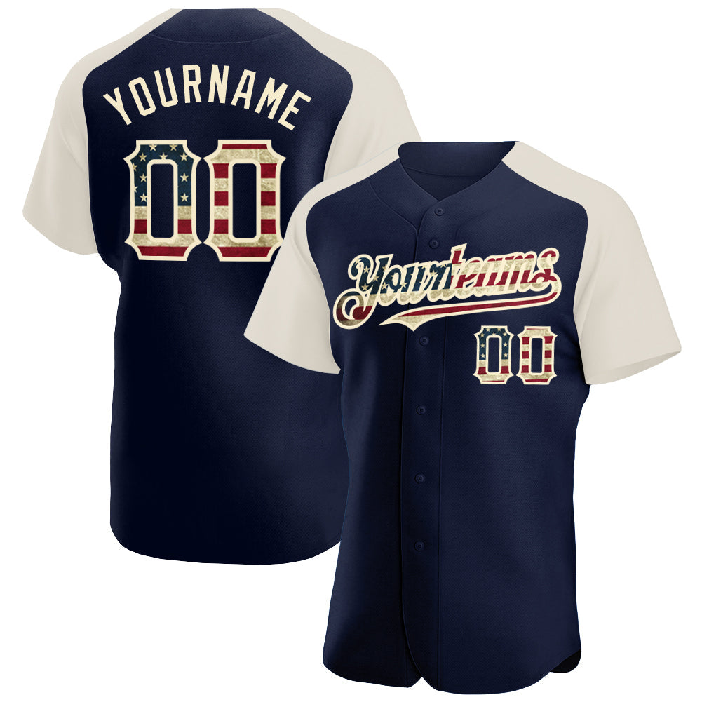 Custom Navy Vintage USA Flag-Cream Authentic Raglan Sleeves Baseball Jersey - Main View