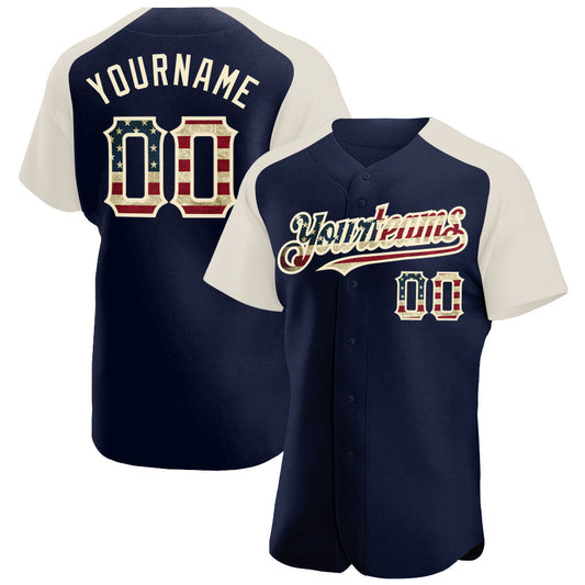 Custom Navy Vintage USA Flag-Cream Authentic Raglan Sleeves Baseball Jersey - Main View