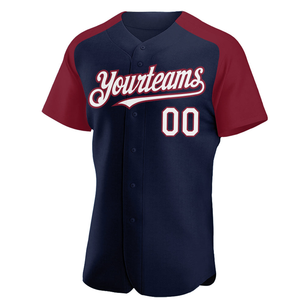 Custom Navy White-Crimson Authentic Raglan Sleeves Baseball Jersey view 2