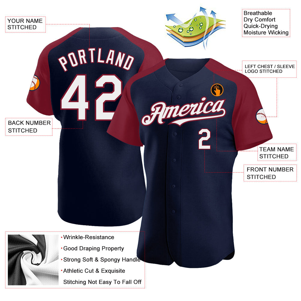 Custom Navy White-Crimson Authentic Raglan Sleeves Baseball Jersey view 3