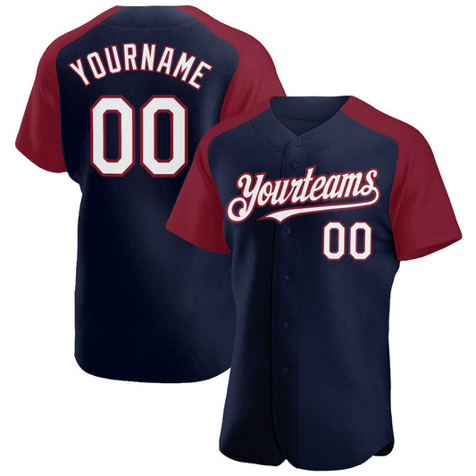 Custom Navy White-Crimson Authentic Raglan Sleeves Baseball Jersey - Main View