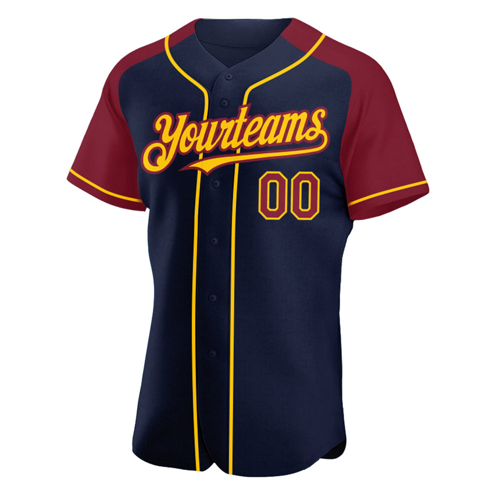 Custom Navy Crimson-Yellow Authentic Raglan Sleeves Baseball Jersey view 2