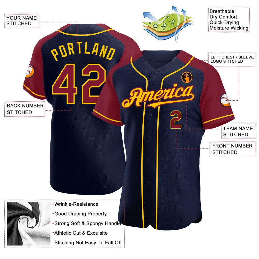 Custom Navy Crimson-Yellow Authentic Raglan Sleeves Baseball Jersey view 3