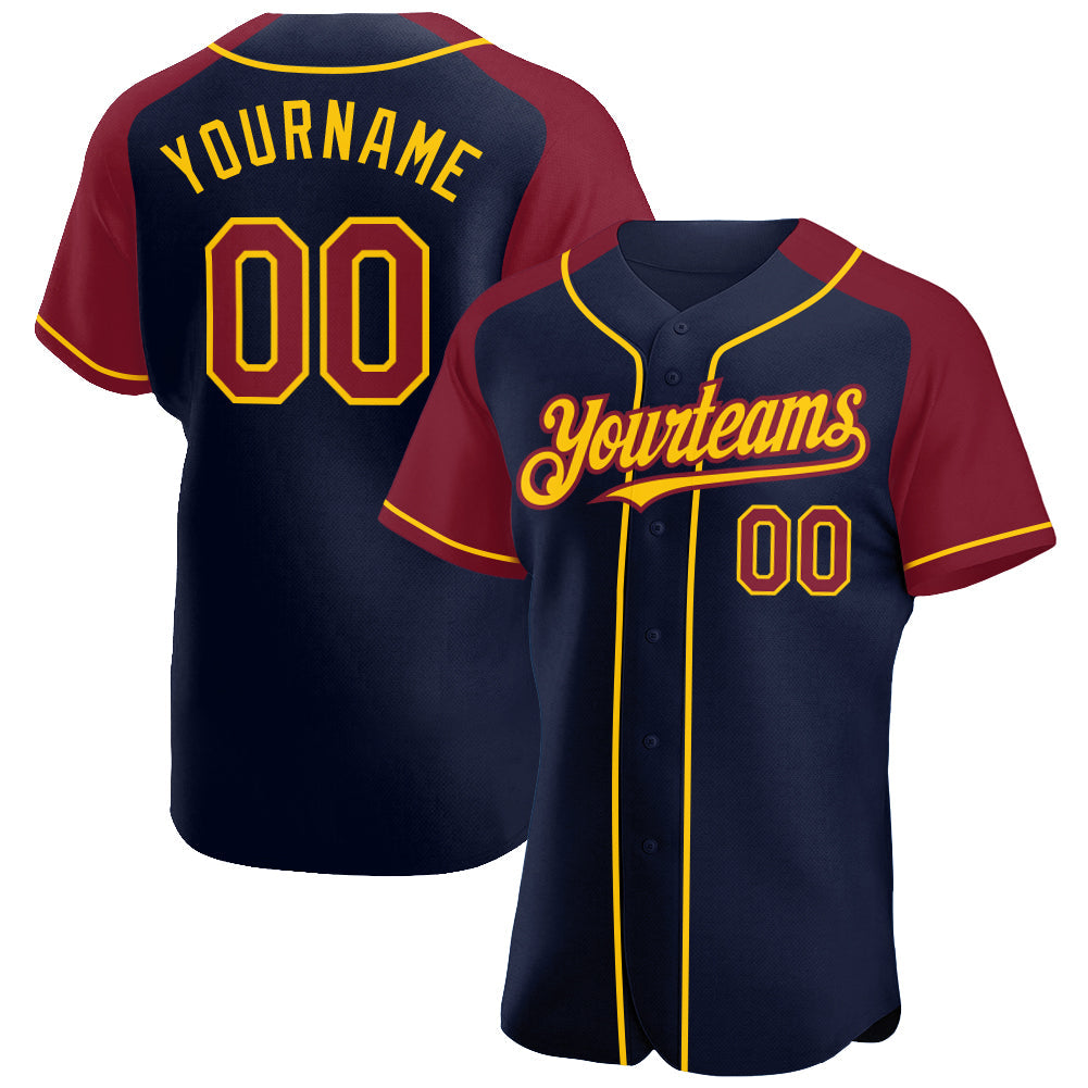Custom Navy Crimson-Yellow Authentic Raglan Sleeves Baseball Jersey - Main View