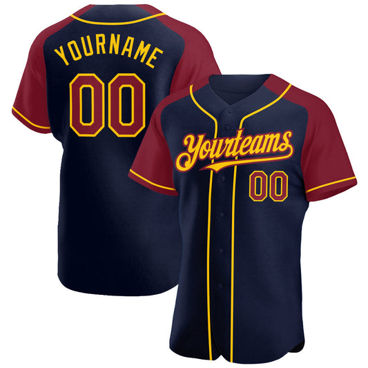 Custom Navy Crimson-Yellow Authentic Raglan Sleeves Baseball Jersey - Main View