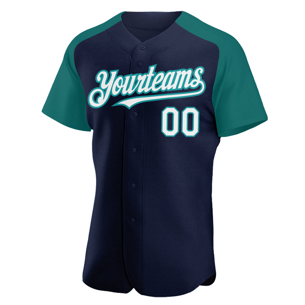 Custom Navy White-Teal Authentic Raglan Sleeves Baseball Jersey view 2