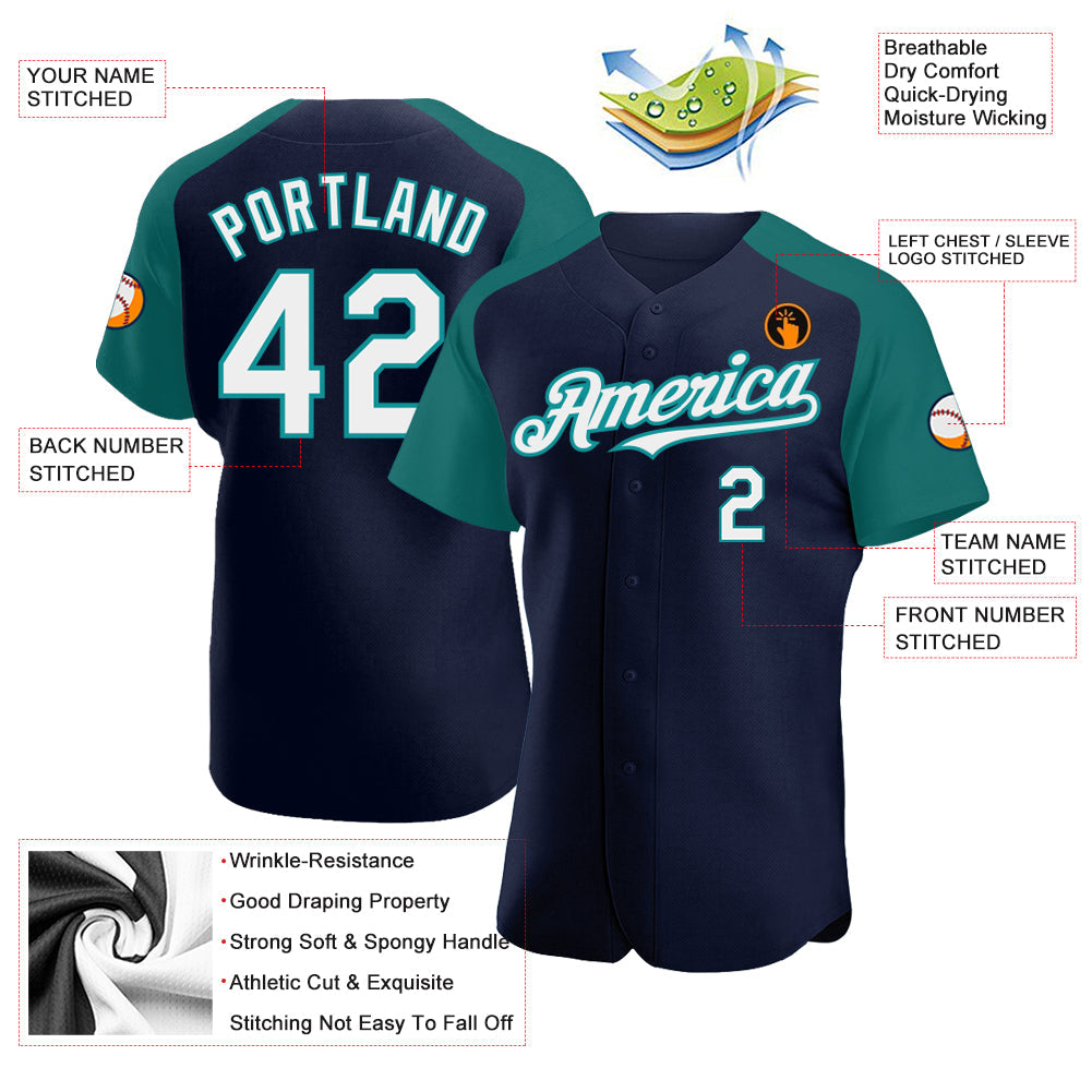 Custom Navy White-Teal Authentic Raglan Sleeves Baseball Jersey view 3