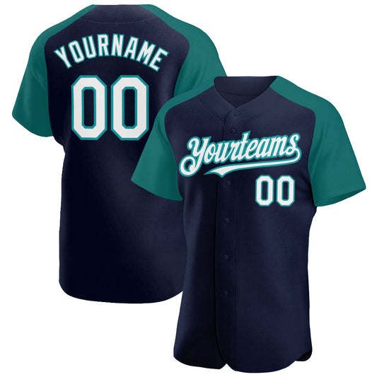Custom Navy White-Teal Authentic Raglan Sleeves Baseball Jersey - Main View