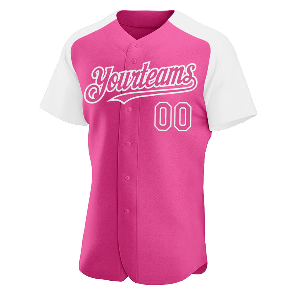 Custom Pink White Authentic Raglan Sleeves Baseball Jersey view 2