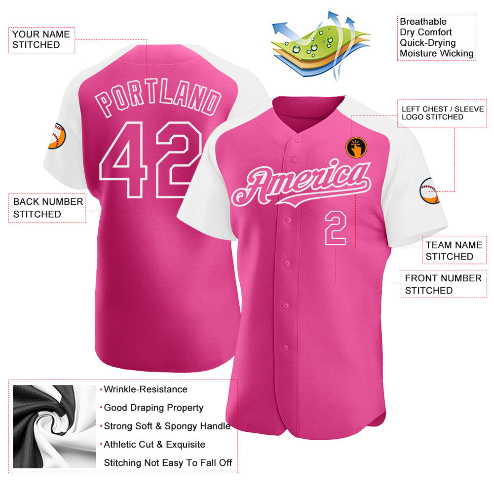 Custom Pink White Authentic Raglan Sleeves Baseball Jersey view 3