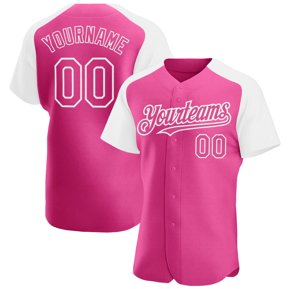 Custom Pink White Authentic Raglan Sleeves Baseball Jersey - Main View