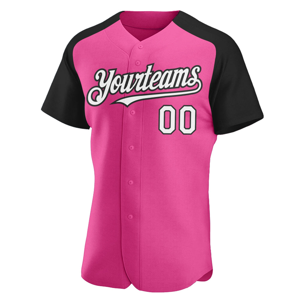 Custom Pink White-Black Authentic Raglan Sleeves Baseball Jersey view 2