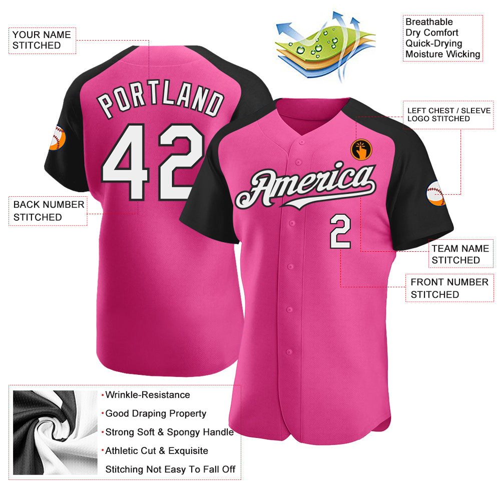 Custom Pink White-Black Authentic Raglan Sleeves Baseball Jersey view 3