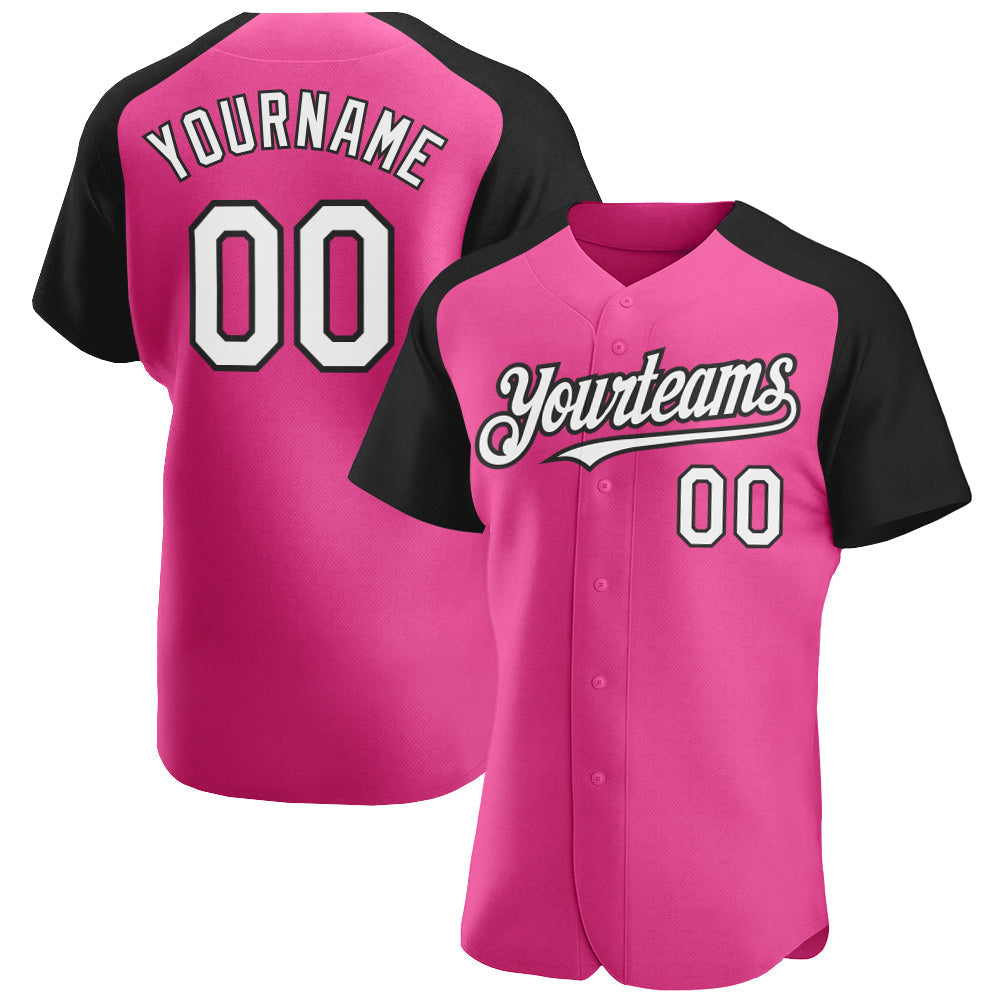 Custom Pink White-Black Authentic Raglan Sleeves Baseball Jersey - Main View