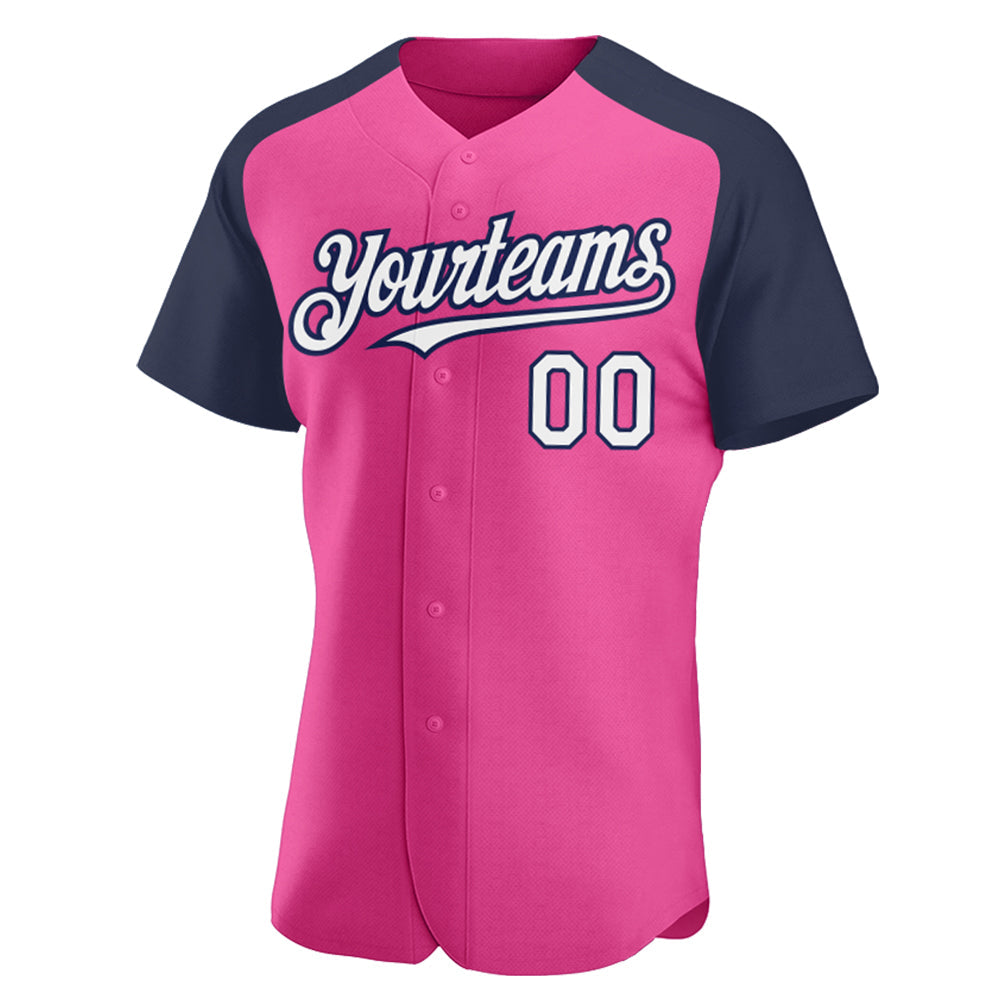 Custom Pink White-Navy Authentic Raglan Sleeves Baseball Jersey view 2