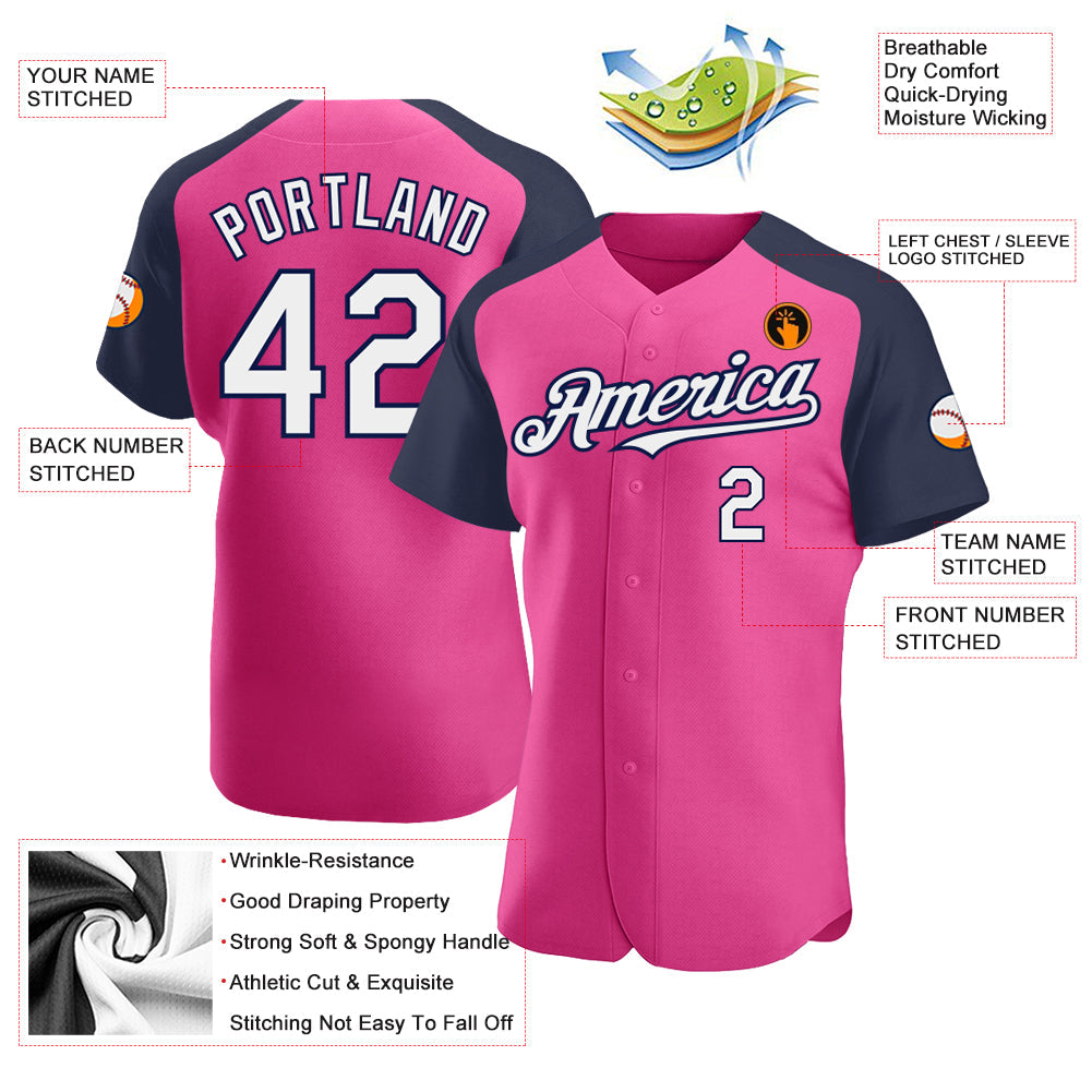 Custom Pink White-Navy Authentic Raglan Sleeves Baseball Jersey view 3