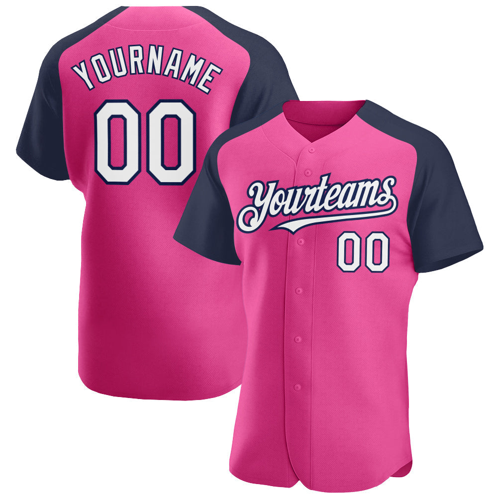 Custom Pink White-Navy Authentic Raglan Sleeves Baseball Jersey - Main View