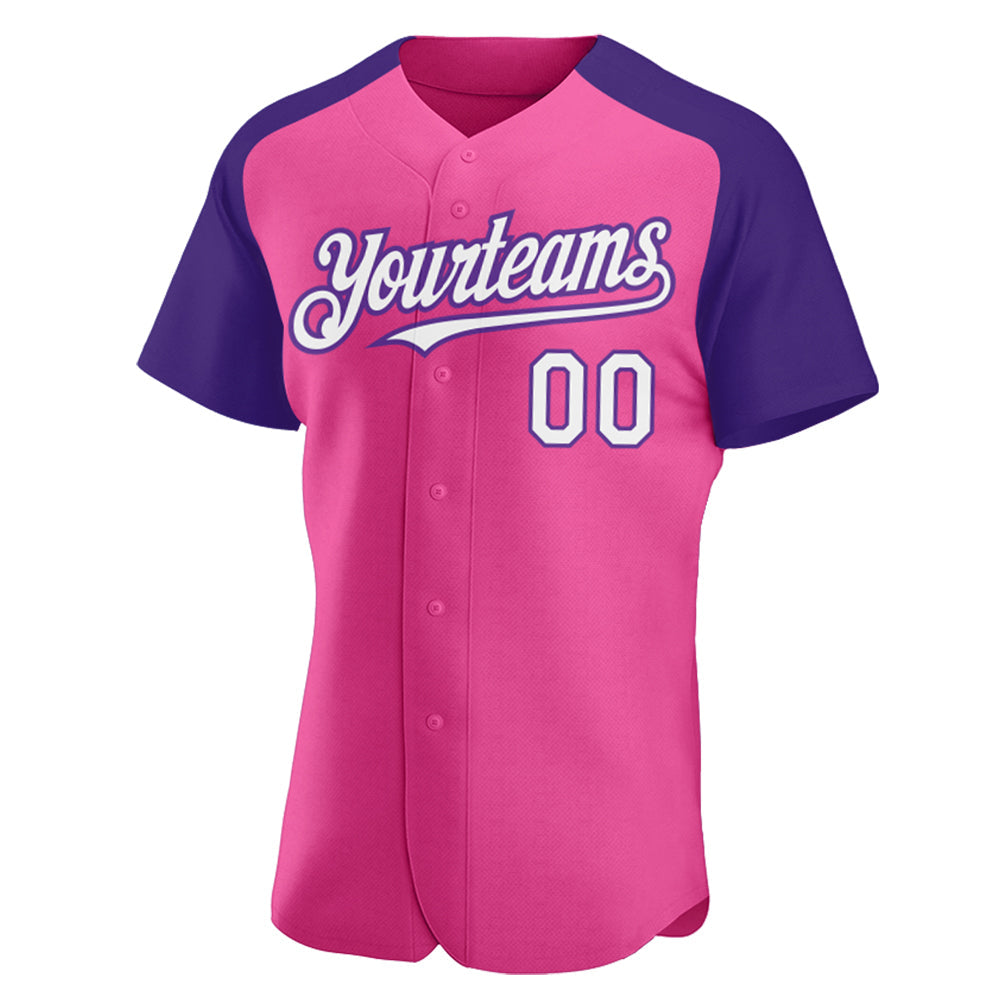 Custom Pink White-Purple Authentic Raglan Sleeves Baseball Jersey view 2