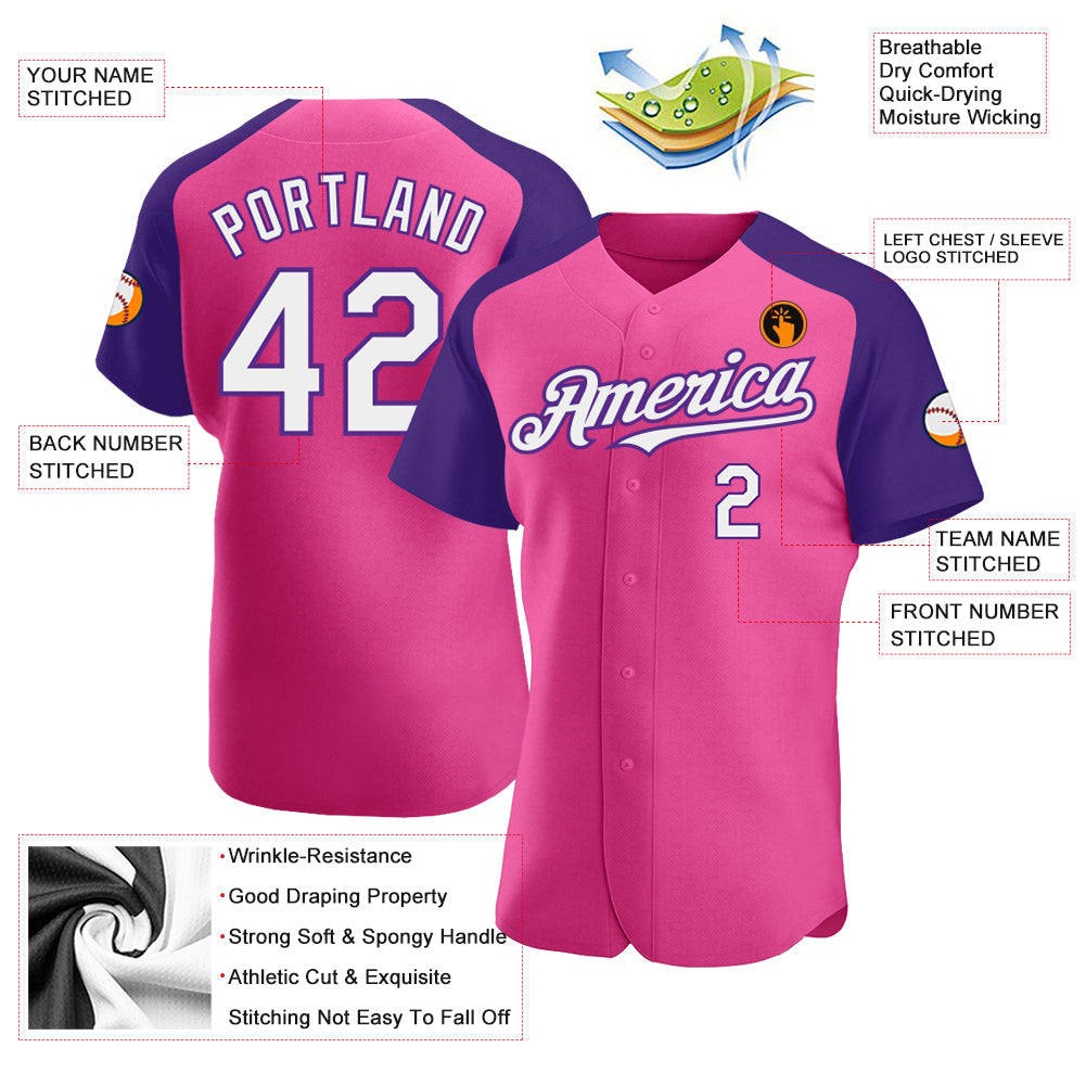 Custom Pink White-Purple Authentic Raglan Sleeves Baseball Jersey view 3