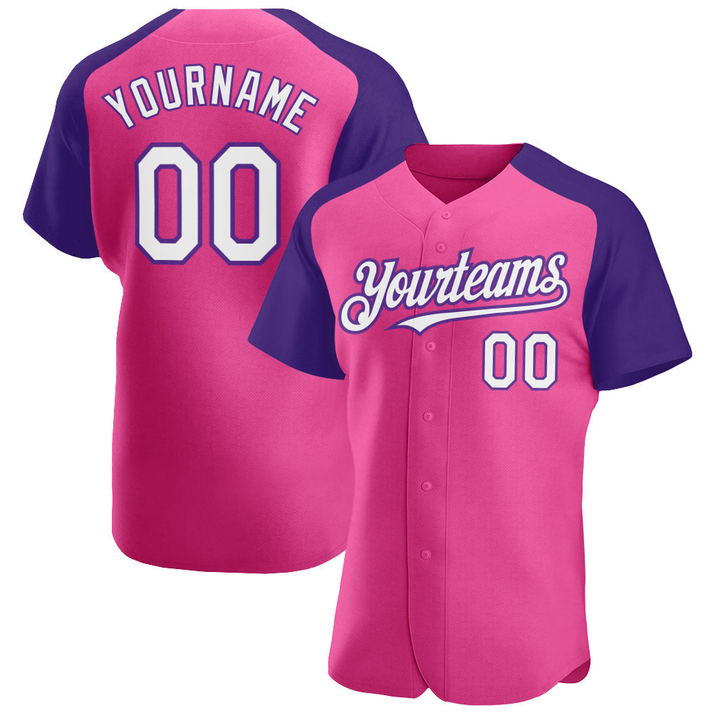 Custom Pink White-Purple Authentic Raglan Sleeves Baseball Jersey - Main View