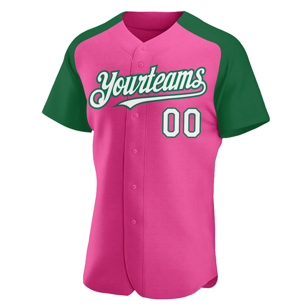 Custom Pink White-Kelly Green Authentic Raglan Sleeves Baseball Jersey view 2