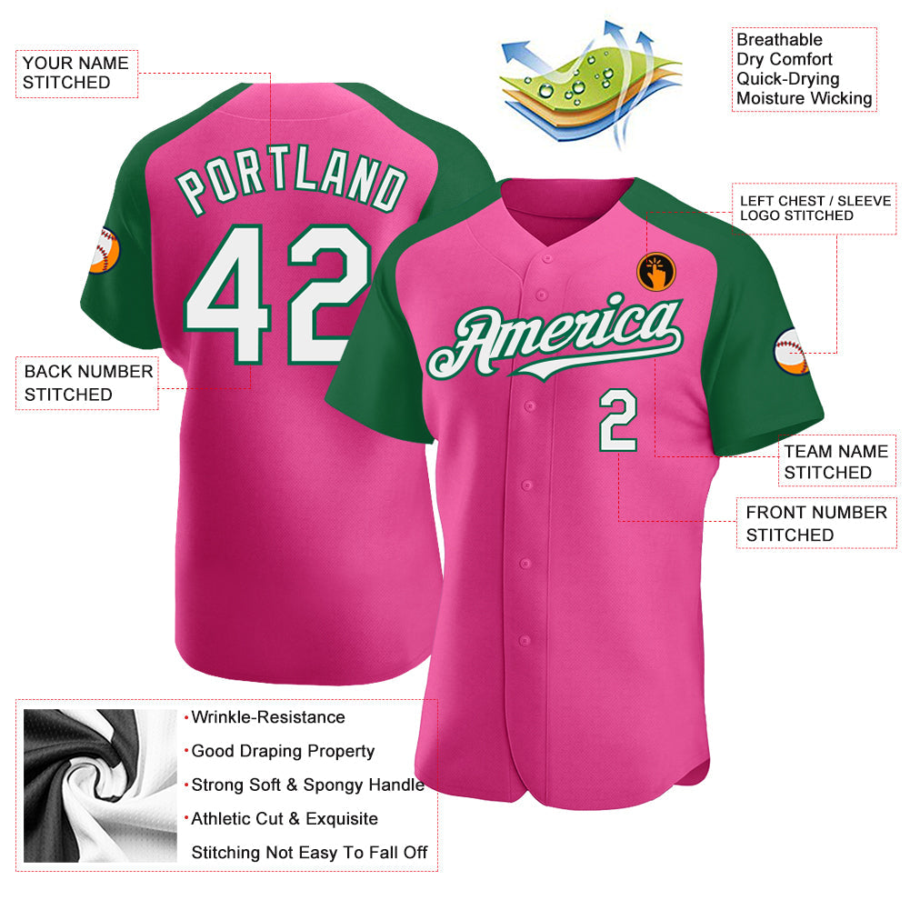 Custom Pink White-Kelly Green Authentic Raglan Sleeves Baseball Jersey view 3