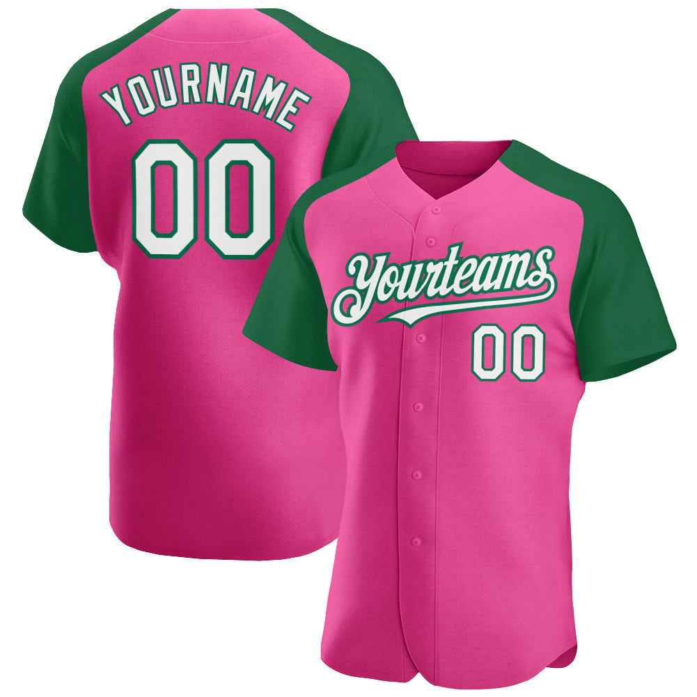 Custom Pink White-Kelly Green Authentic Raglan Sleeves Baseball Jersey - Main View