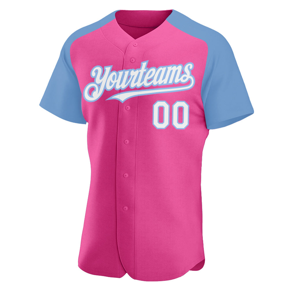Custom Pink White-Light Blue Authentic Raglan Sleeves Baseball Jersey view 2
