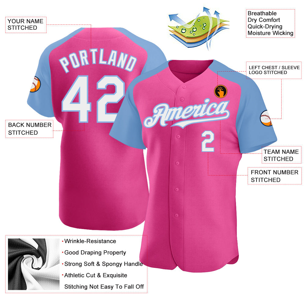 Custom Pink White-Light Blue Authentic Raglan Sleeves Baseball Jersey view 3