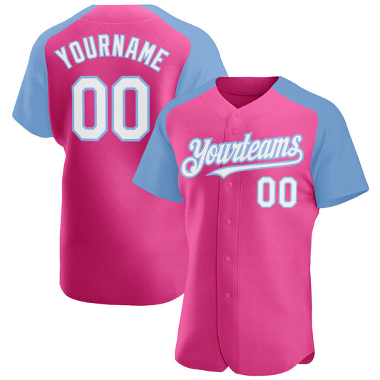 Custom Pink White-Light Blue Authentic Raglan Sleeves Baseball Jersey - Main View