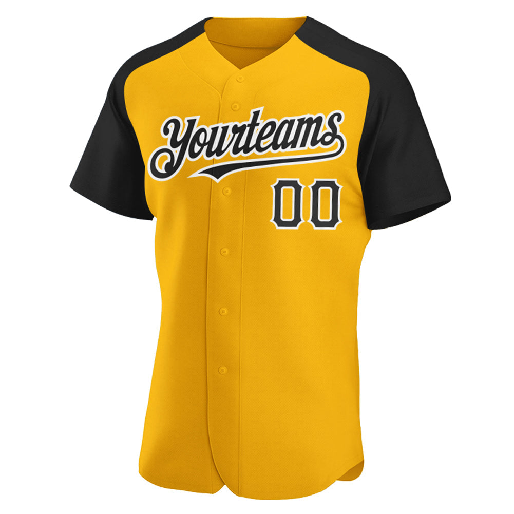 Custom Gold Black-White Authentic Raglan Sleeves Baseball Jersey view 2