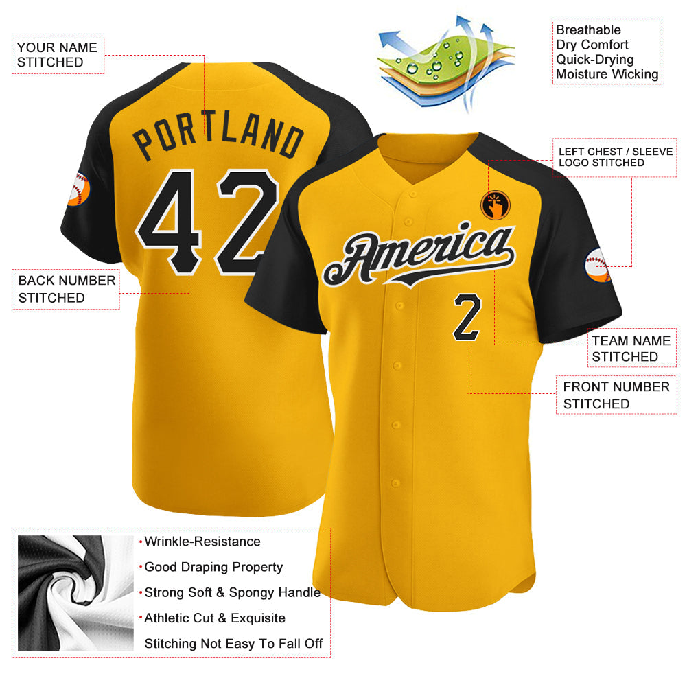 Custom Gold Black-White Authentic Raglan Sleeves Baseball Jersey view 3