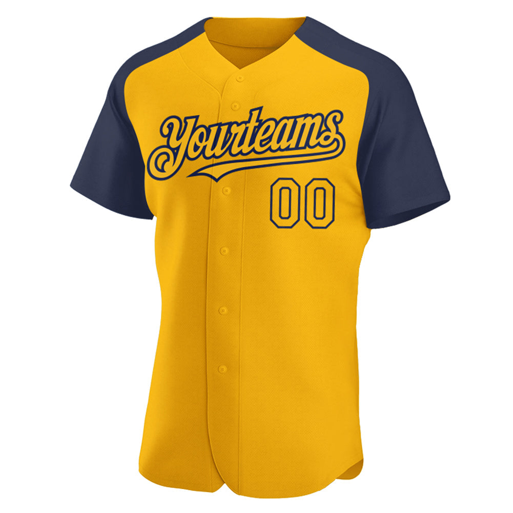 Custom Gold Navy Authentic Raglan Sleeves Baseball Jersey view 2