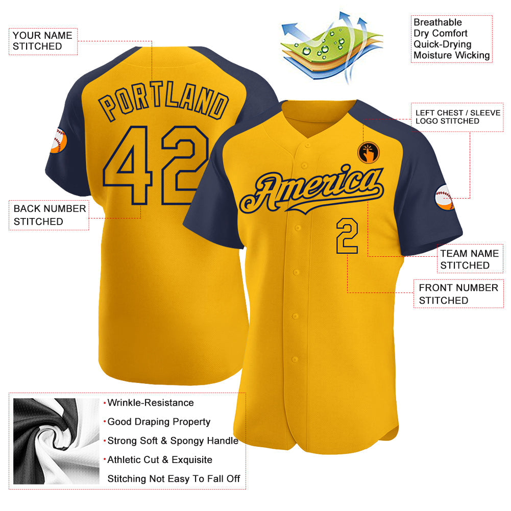 Custom Gold Navy Authentic Raglan Sleeves Baseball Jersey view 3