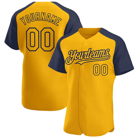 Custom Gold Navy Authentic Raglan Sleeves Baseball Jersey - Main View