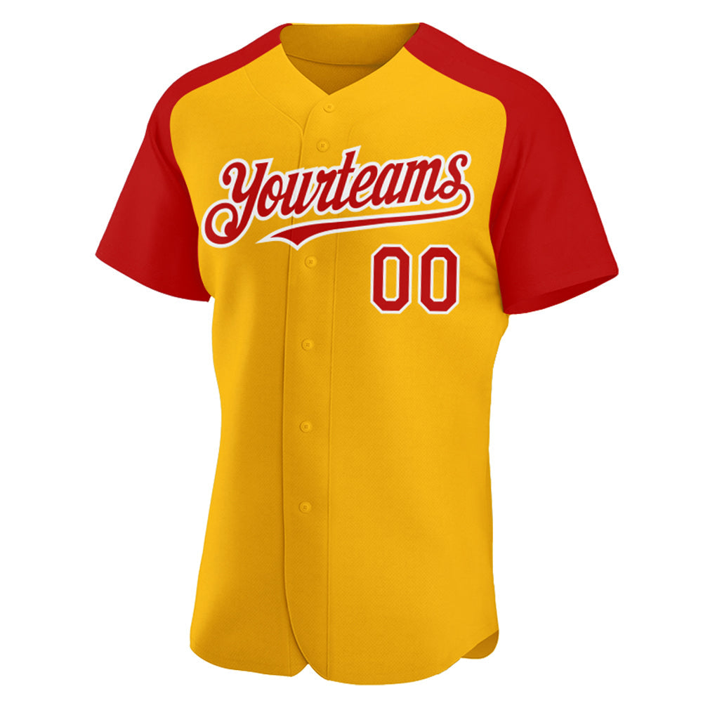 Custom Gold Red-White Authentic Raglan Sleeves Baseball Jersey view 2