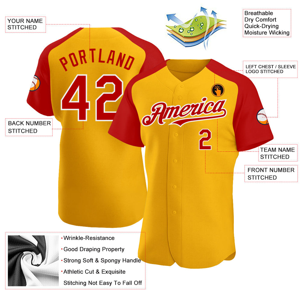 Custom Gold Red-White Authentic Raglan Sleeves Baseball Jersey view 3