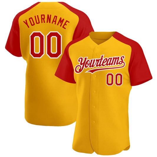 Custom Gold Red-White Authentic Raglan Sleeves Baseball Jersey - Main View