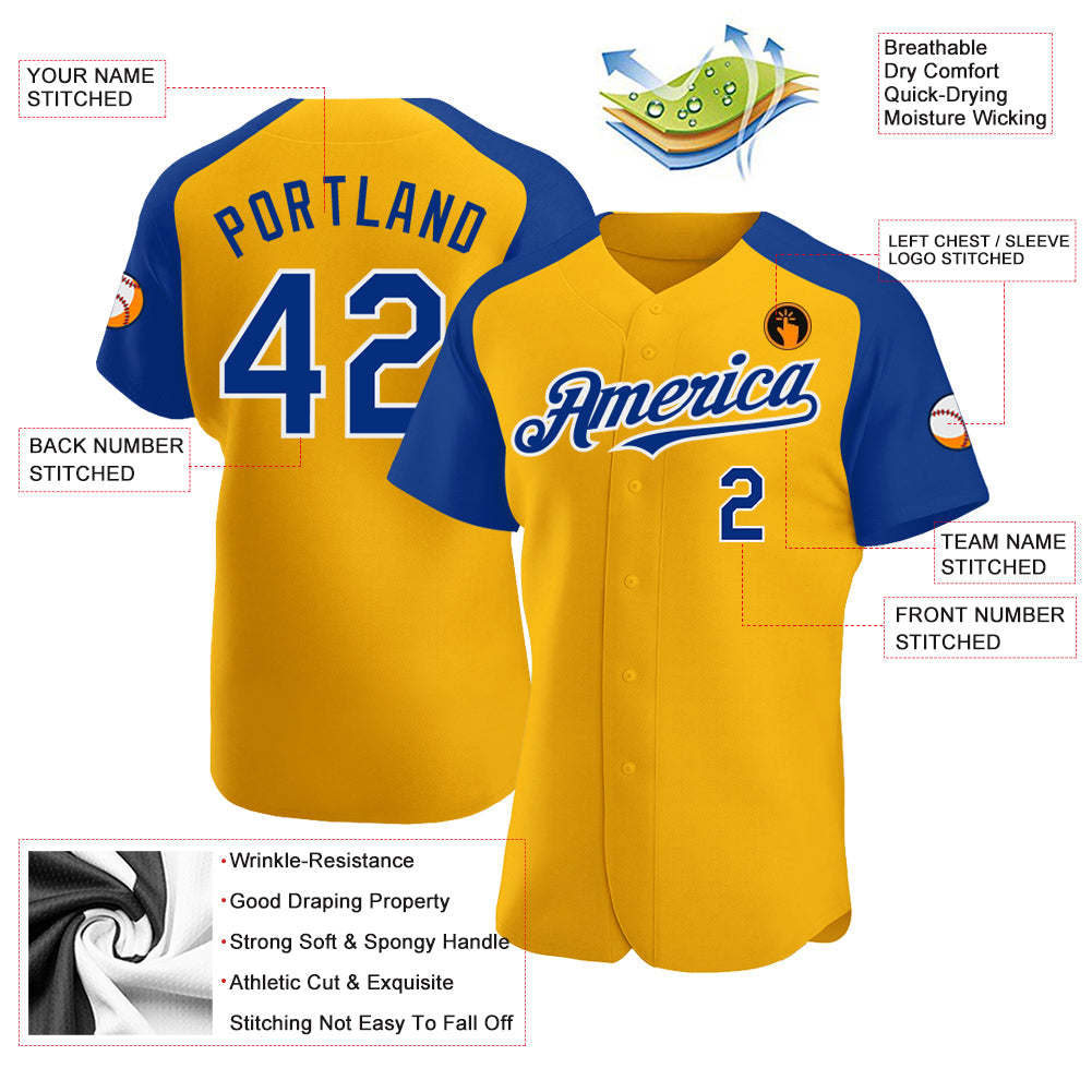 Custom Gold Royal-White Authentic Raglan Sleeves Baseball Jersey view 3