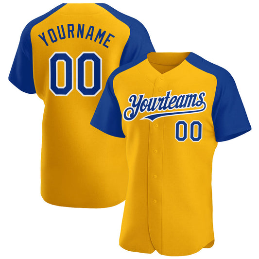 Custom Gold Royal-White Authentic Raglan Sleeves Baseball Jersey - Main View