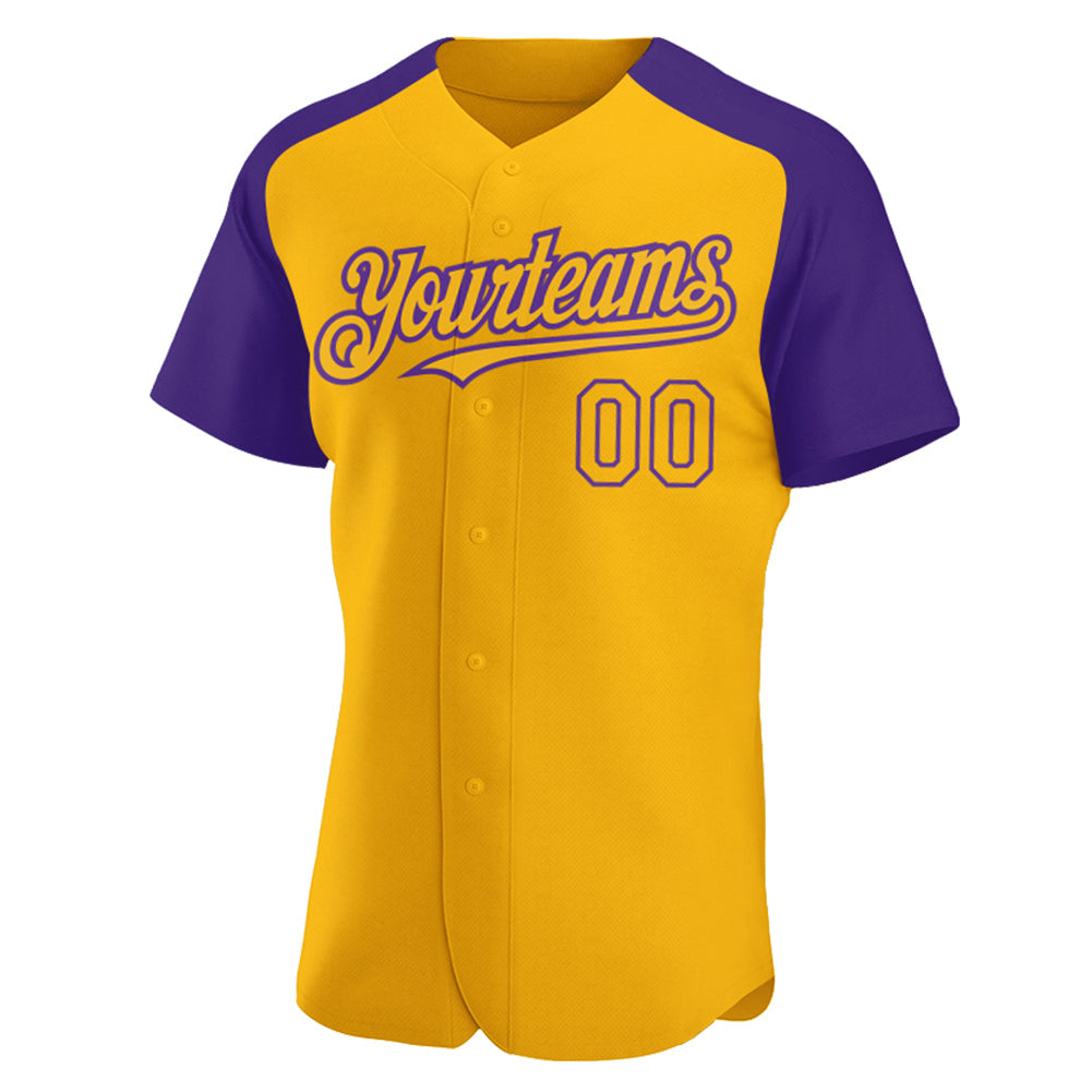 Custom Gold Purple Authentic Raglan Sleeves Baseball Jersey view 2